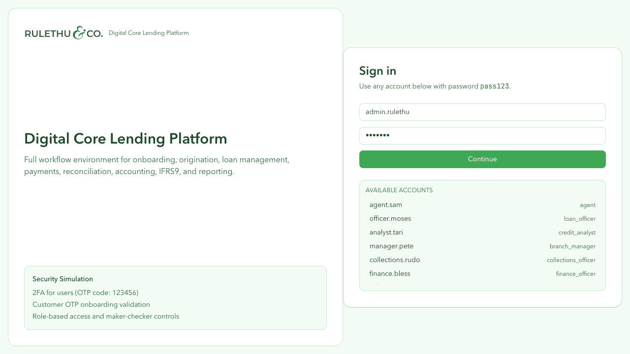 Rulethu Digital Core Lending Platform product screen