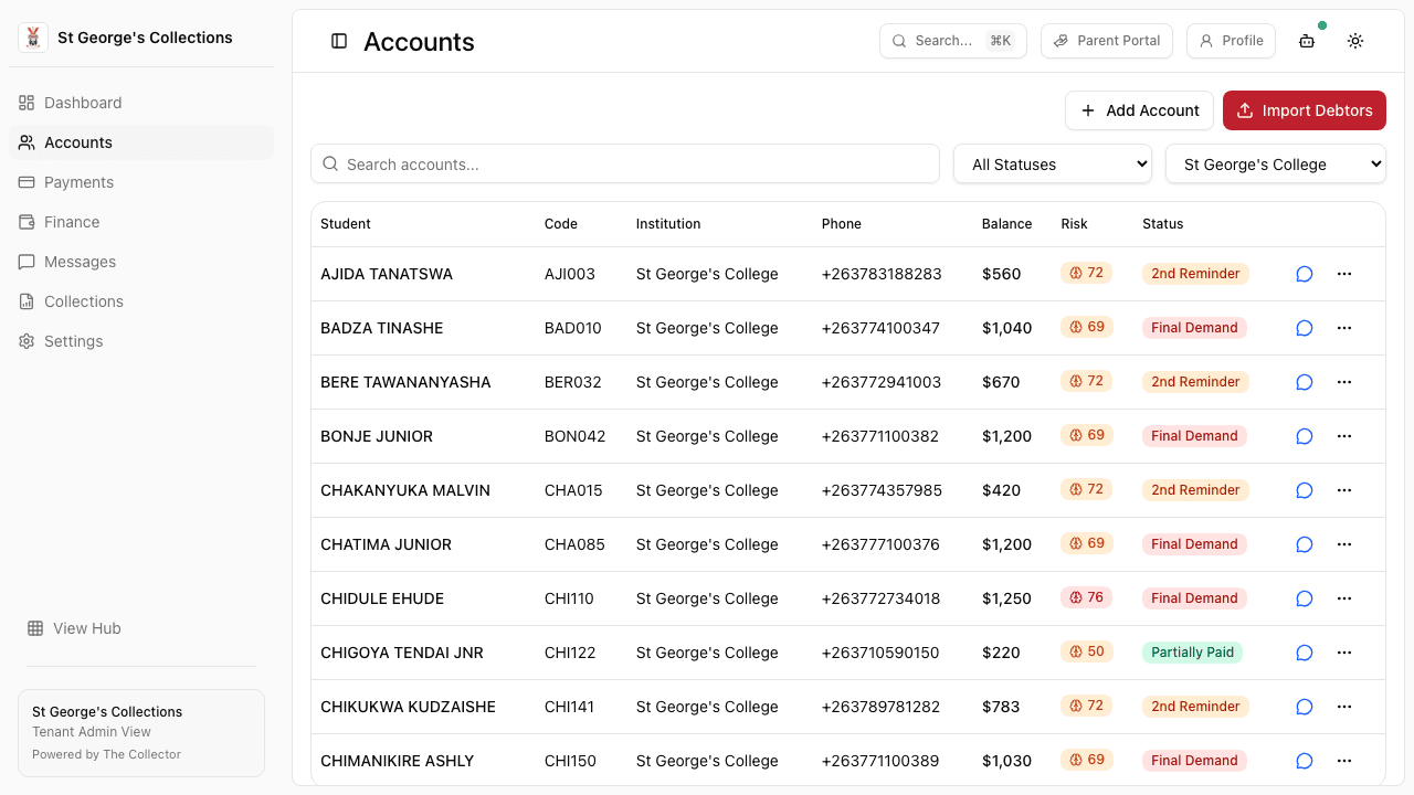 The Collector - Multi-Tenant Collections Platform product screen