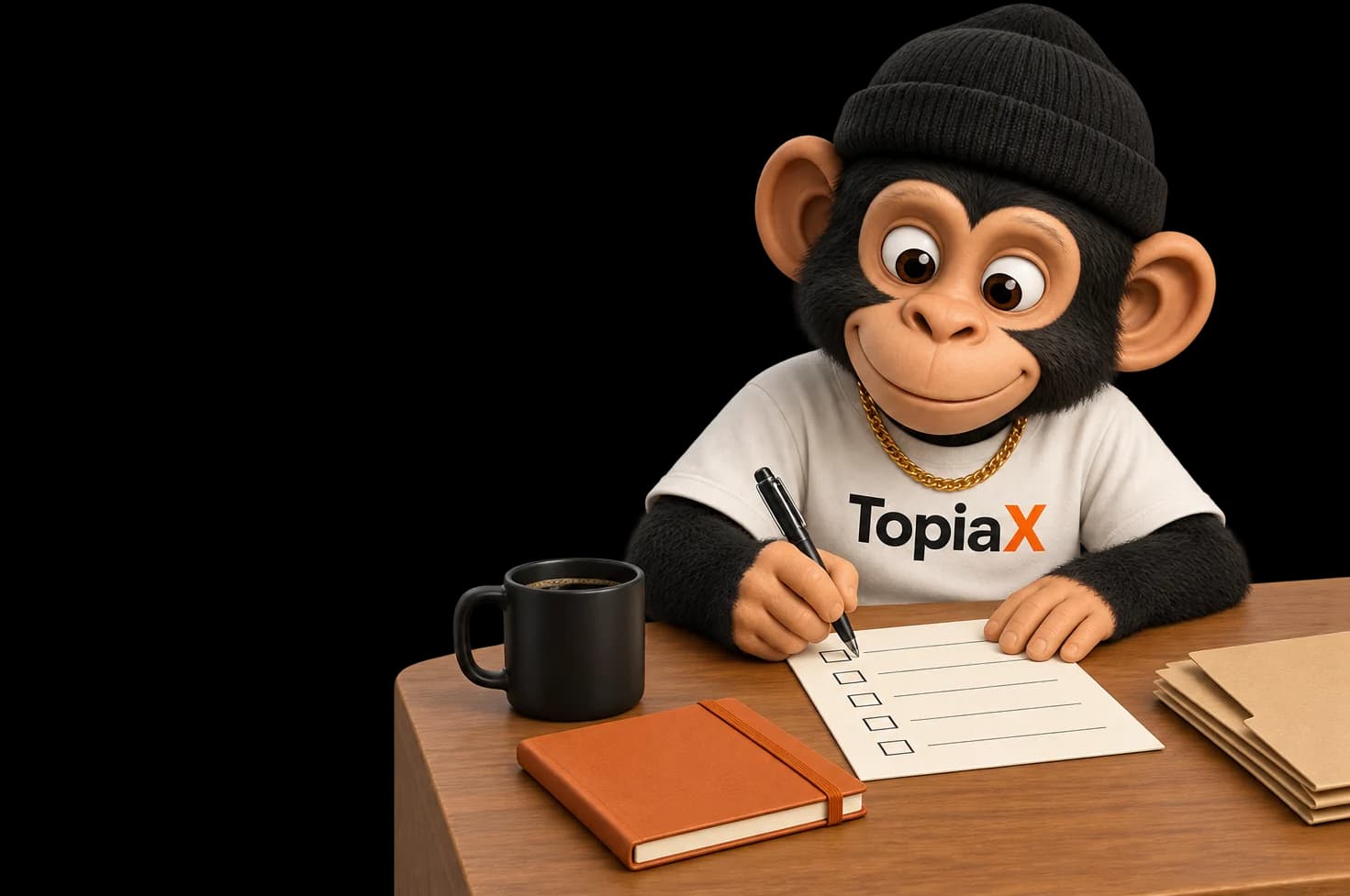 The Topiax mascot working through a launch checklist at a desk