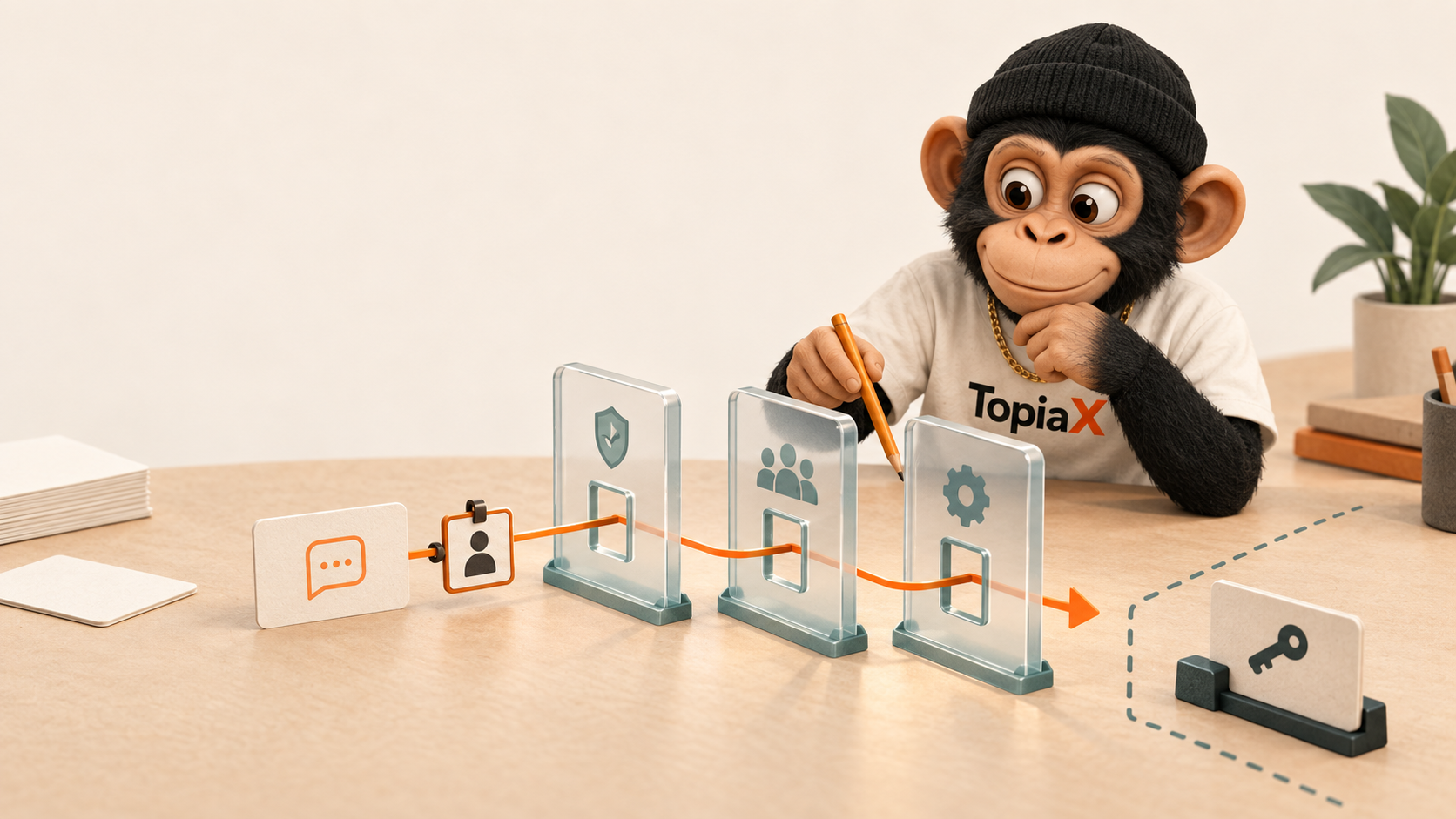 TopiaX mascot tracing identity through layered access gates