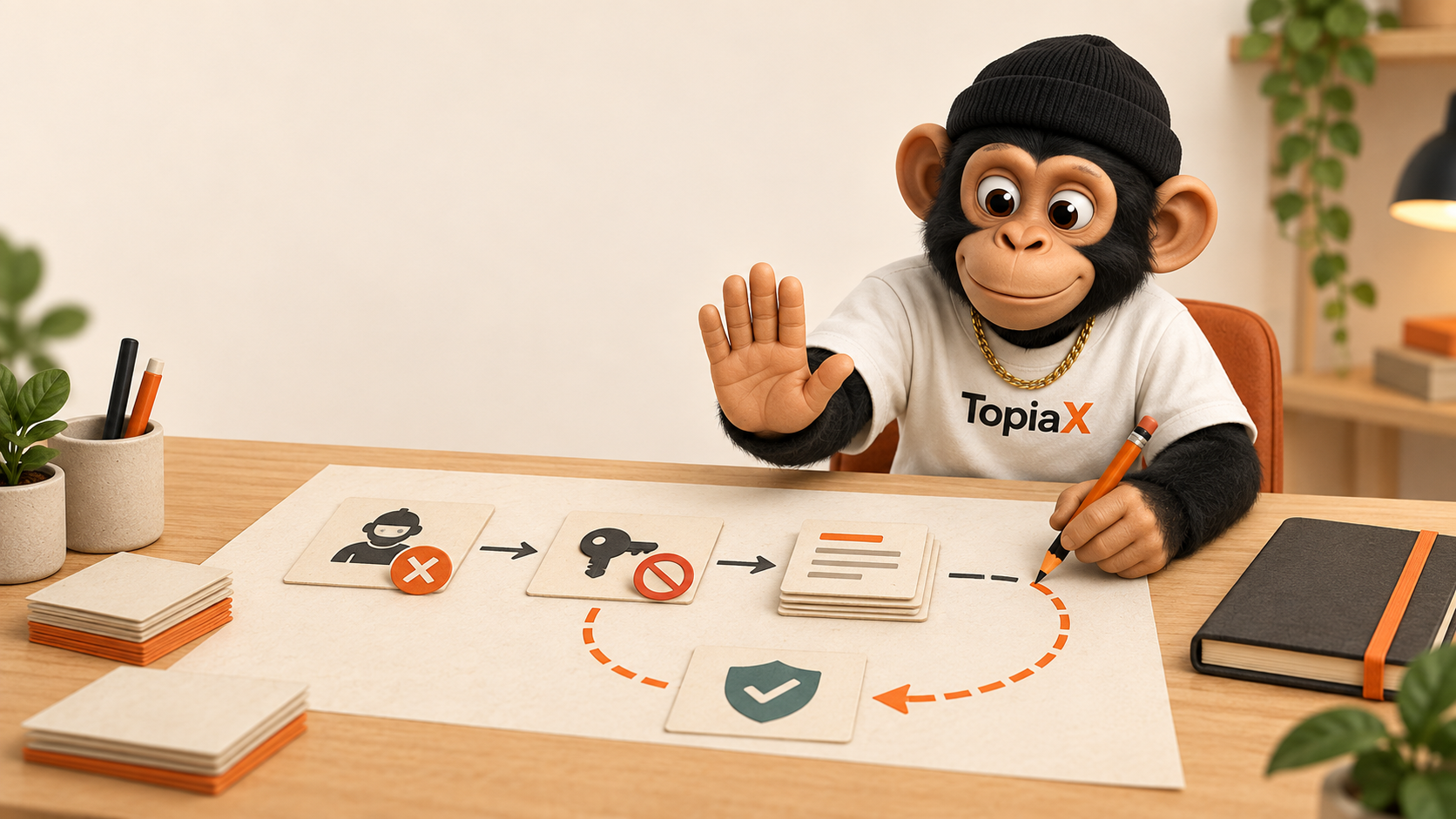 TopiaX mascot tracing a controlled rollback loop