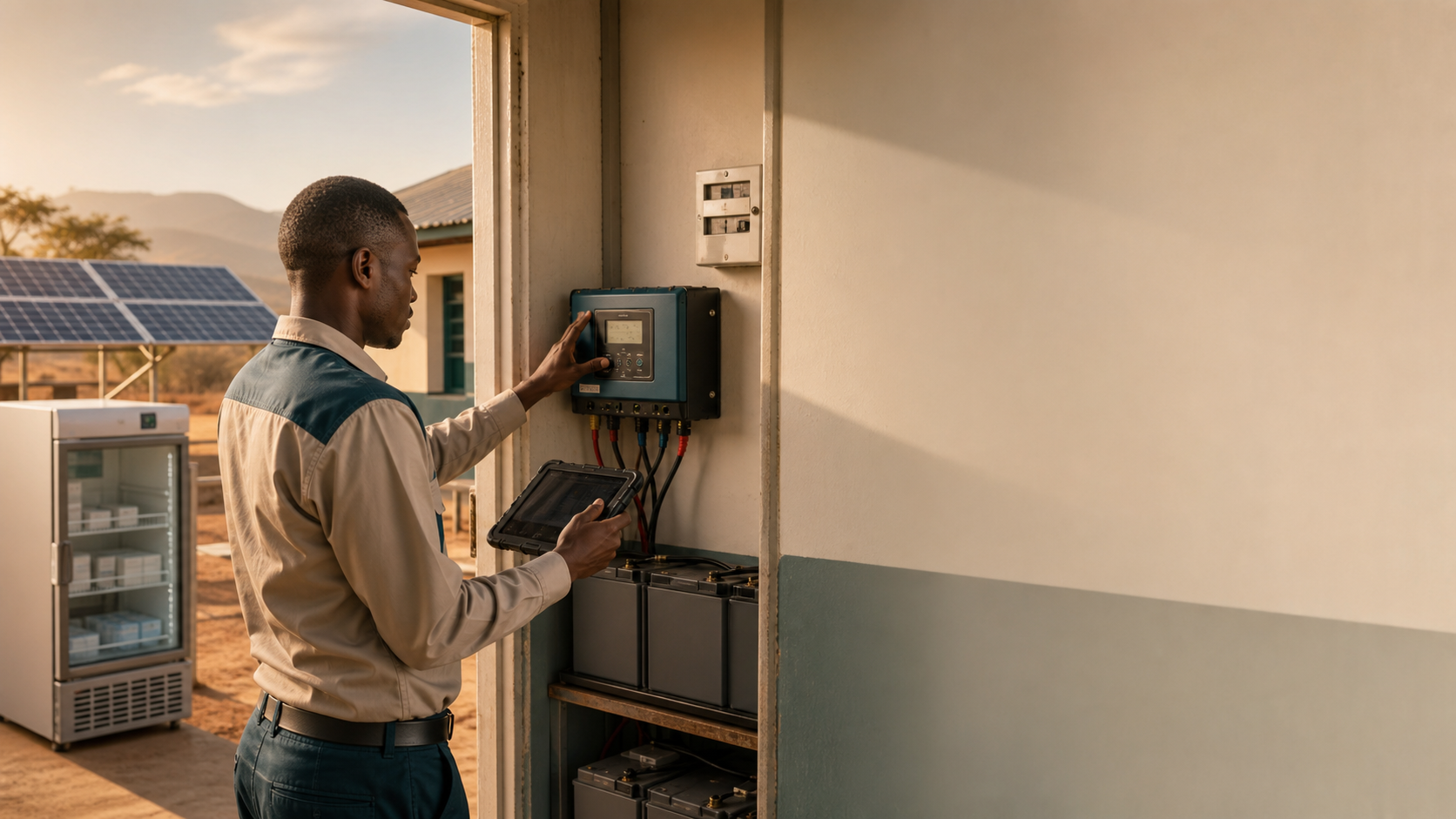 A field technician verifying a solar and cold-chain system